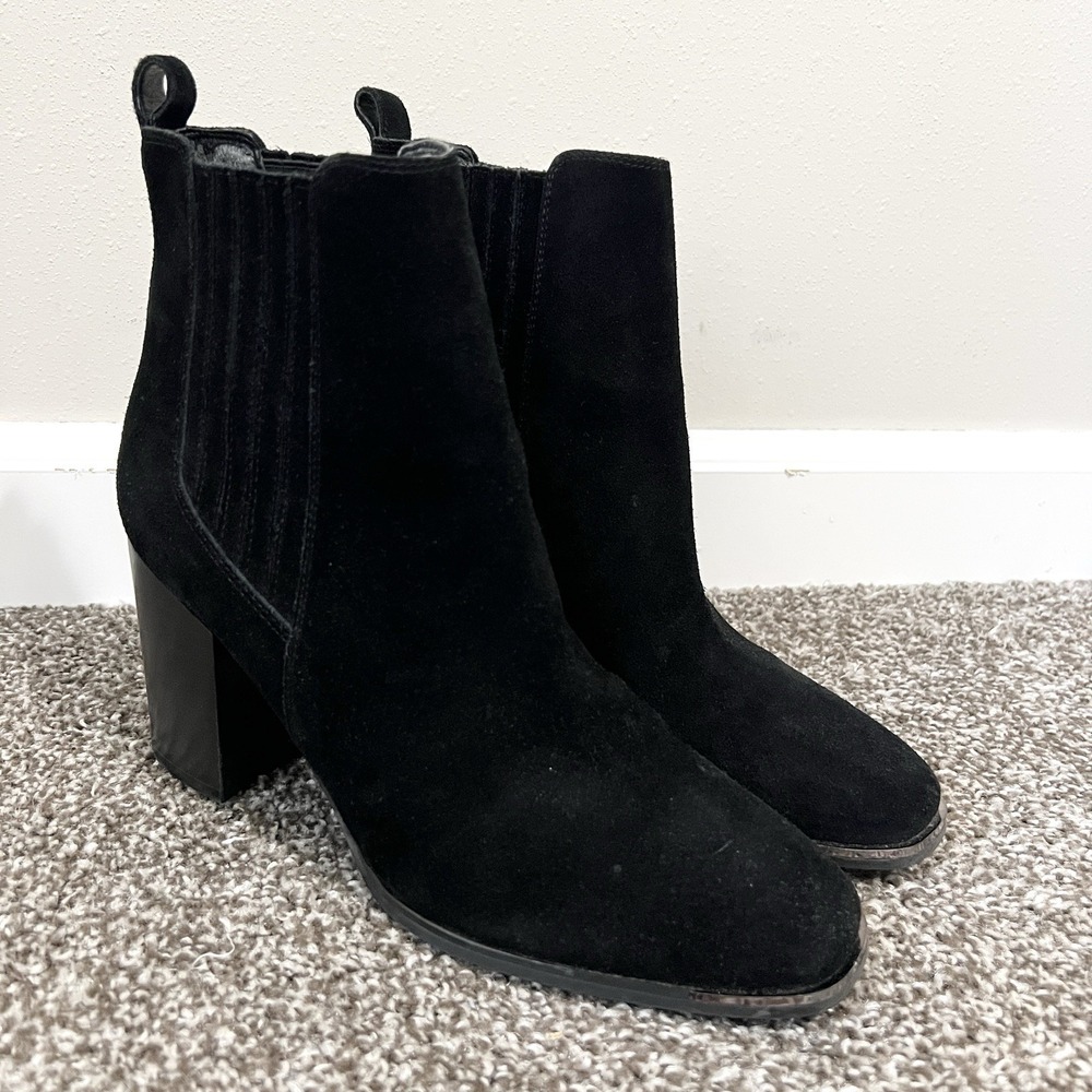 Marc Fisher Taline Black Suede Leather Booties Womens 8 Pull On Block Heel Boots